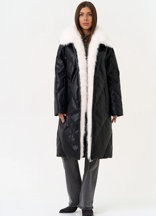 Женский пуховик из эко кожи с отделкой из эко меха модель № 30713 меха малина