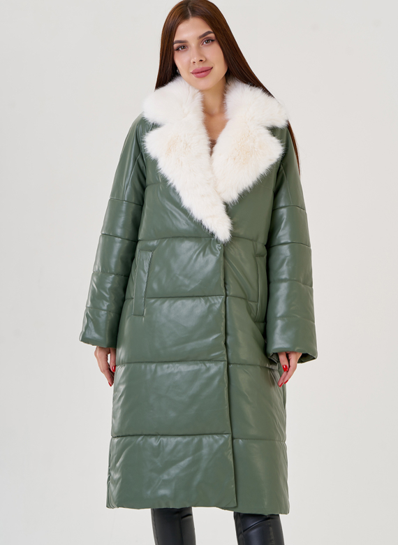 Женский классический пуховик Malina Siberian из эко кожи в зеленом цвете