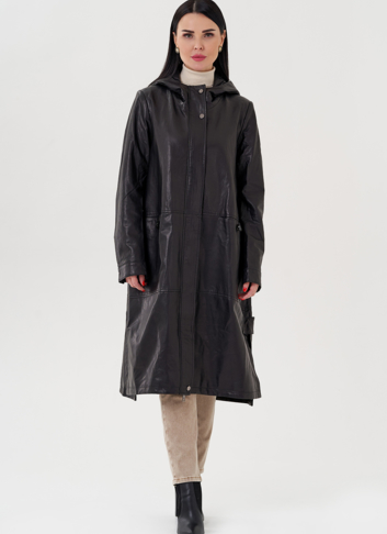 Длинный кожаный плащ с капюшоном