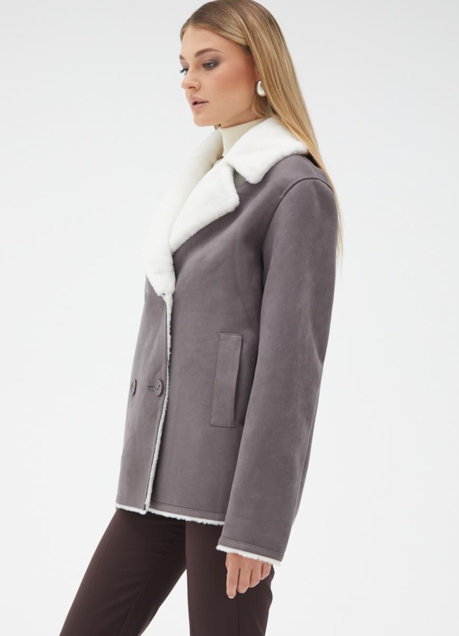 Женская двухсторонняя дубленка из эко кожи с английским воротником модель № 31869 универмаг малина