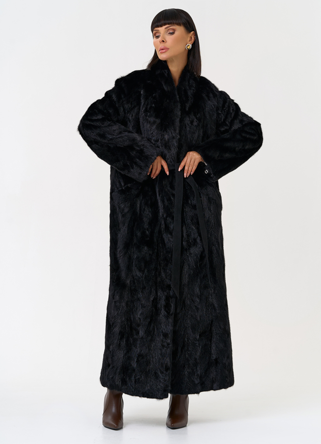 фото Длинная шуба из меха норки с поясом модель № 31294