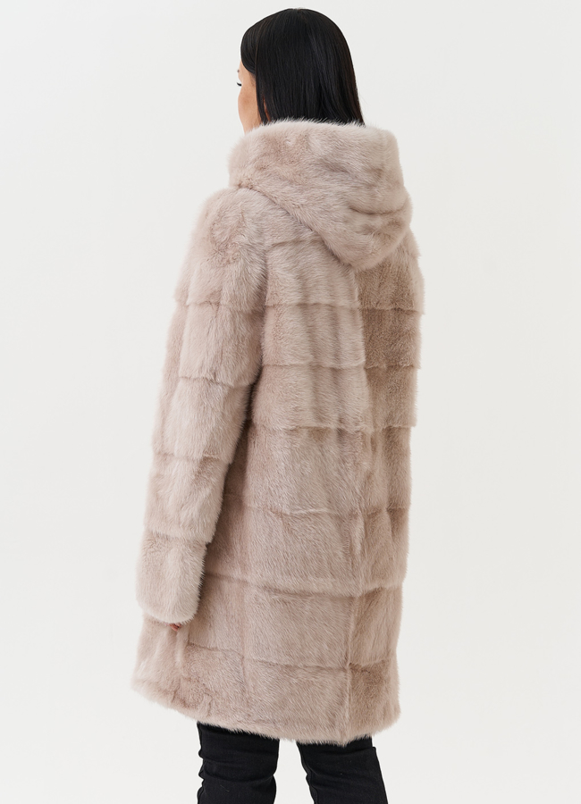 Светлая норковая шуба с капюшоном модель № 24957 в кредит