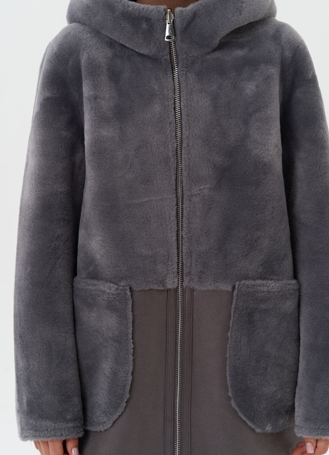 Двухсторонняя эко дубленка с капюшоном модель № 27764 универмаг малина