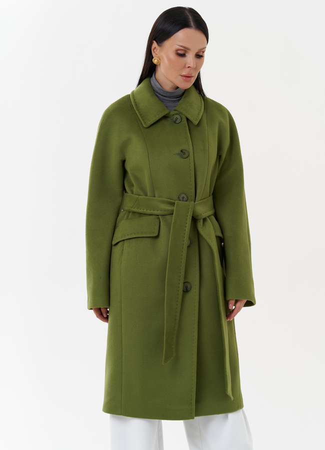 Женское пальто зеленого цвета с поясом модель № 27695 в кредит