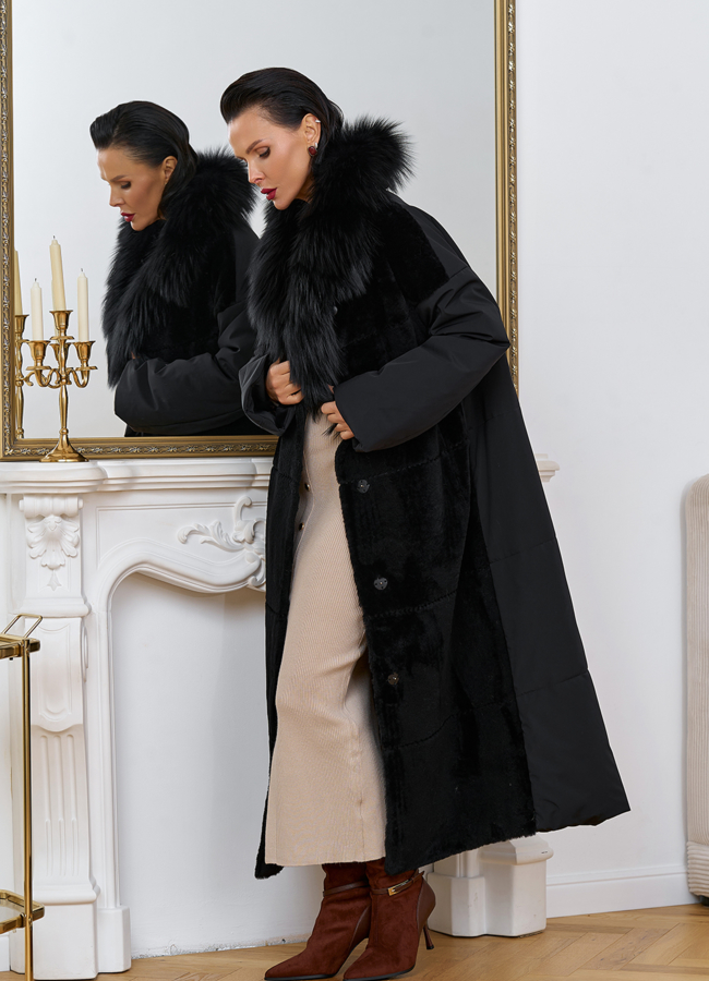 Комбинированное женское зимнее пальто в черном цвете модель № 31402 в кредит