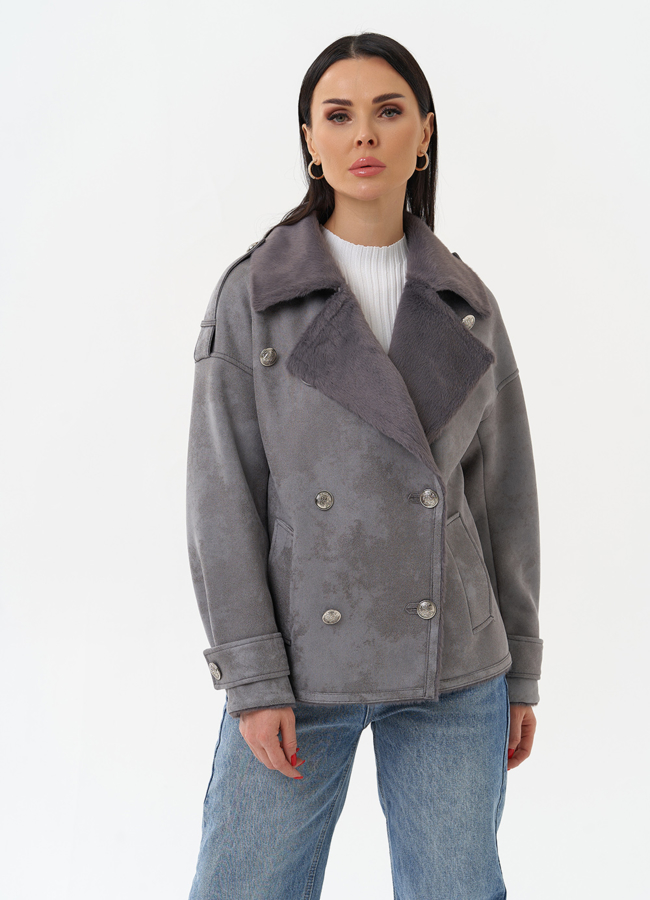 Дубленка из эко замши с акцентными пуговицами модель № 29987 меха малина