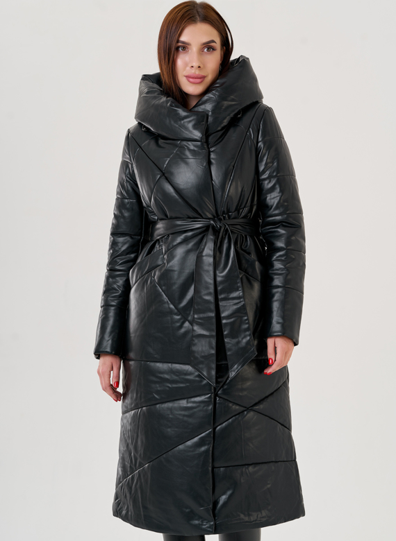 Черный длинный пуховик из эко кожи Malina Siberian