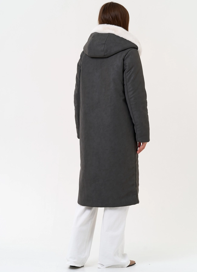 Пуховик из эко кожи с капюшоном из эко меха модель № 27733 в кредит
