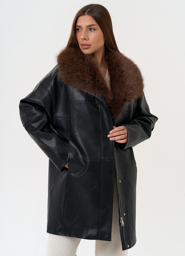 фото Женская утепленная куртка из эко кожи с воротником из эко меха модель № 31496