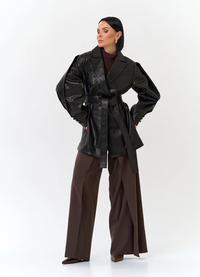 Жакет из натуральной кожи с поясом модель № 32885 в кредит