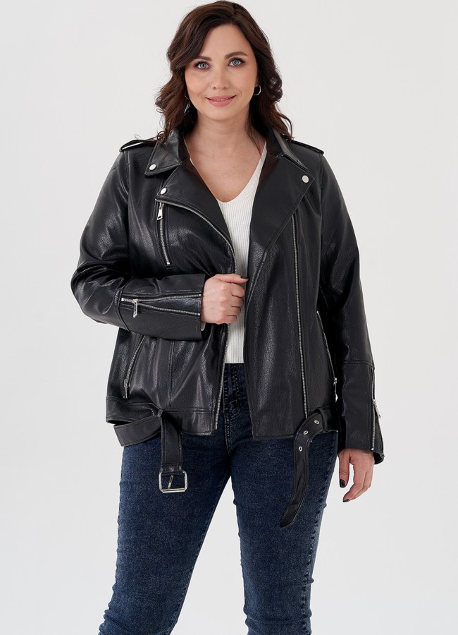 Удлиненная куртка косуха в черном цвете с ремнем модель № 695 универмаг малина