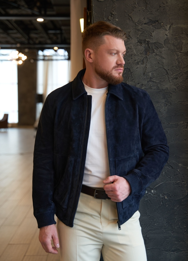 Мужская куртка бомбер из натуральной замши модель № 30065 меха малина