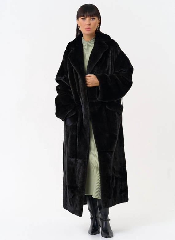 Длинная шуба из меха норки blackglama с поясом