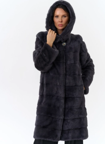 Норковая шуба в цвете графит с капюшоном  фото